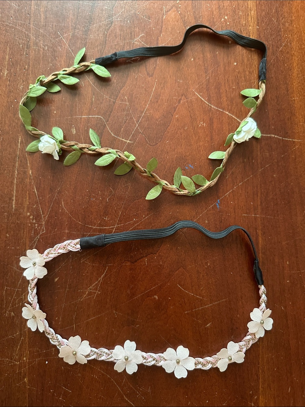 Floral Elastic Headbands — Green Leaf & White Blossom Set